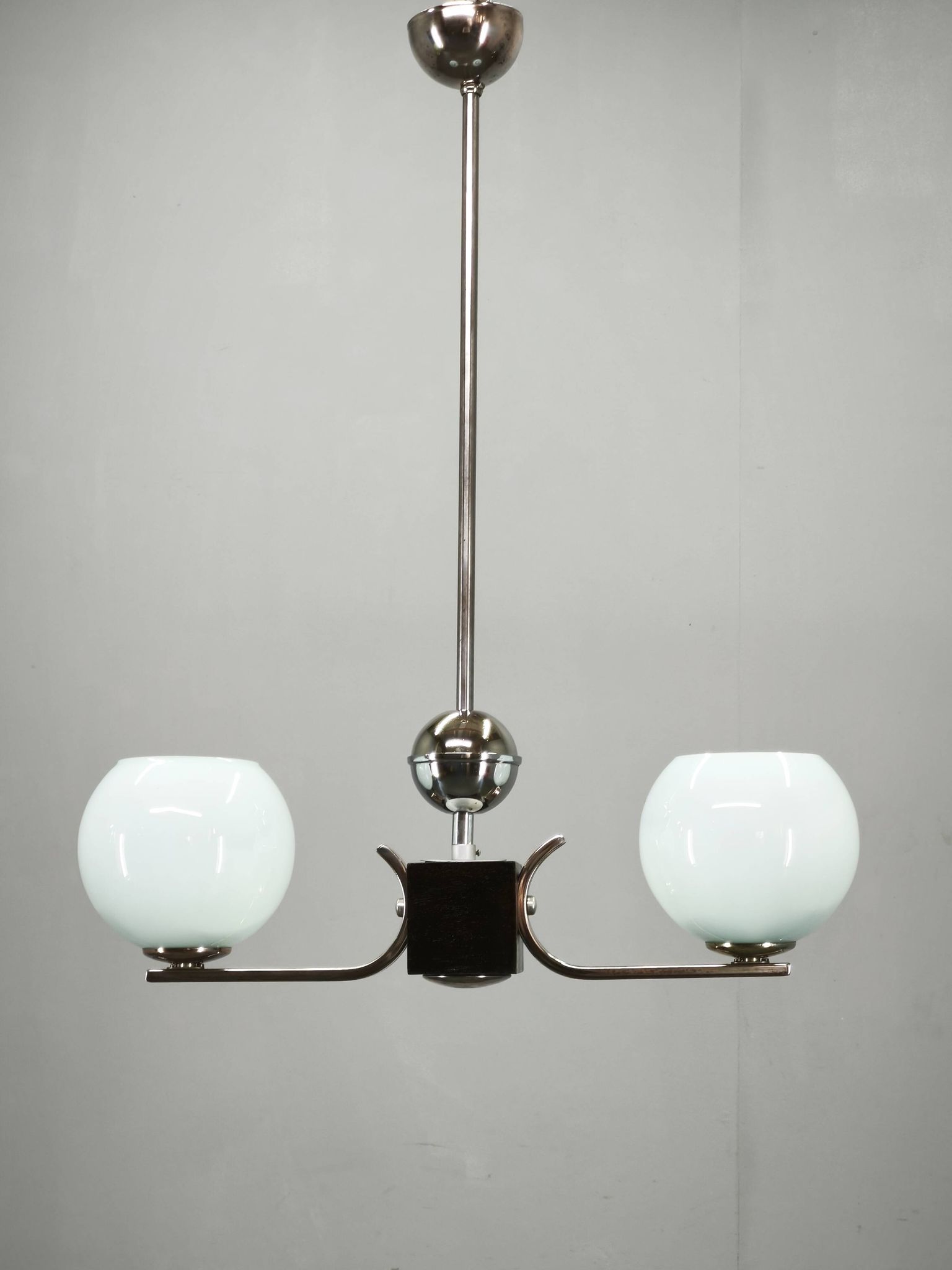 Art Deco Chrome and Opaline Glass Chandelier, Czechoslovakia, 1930s