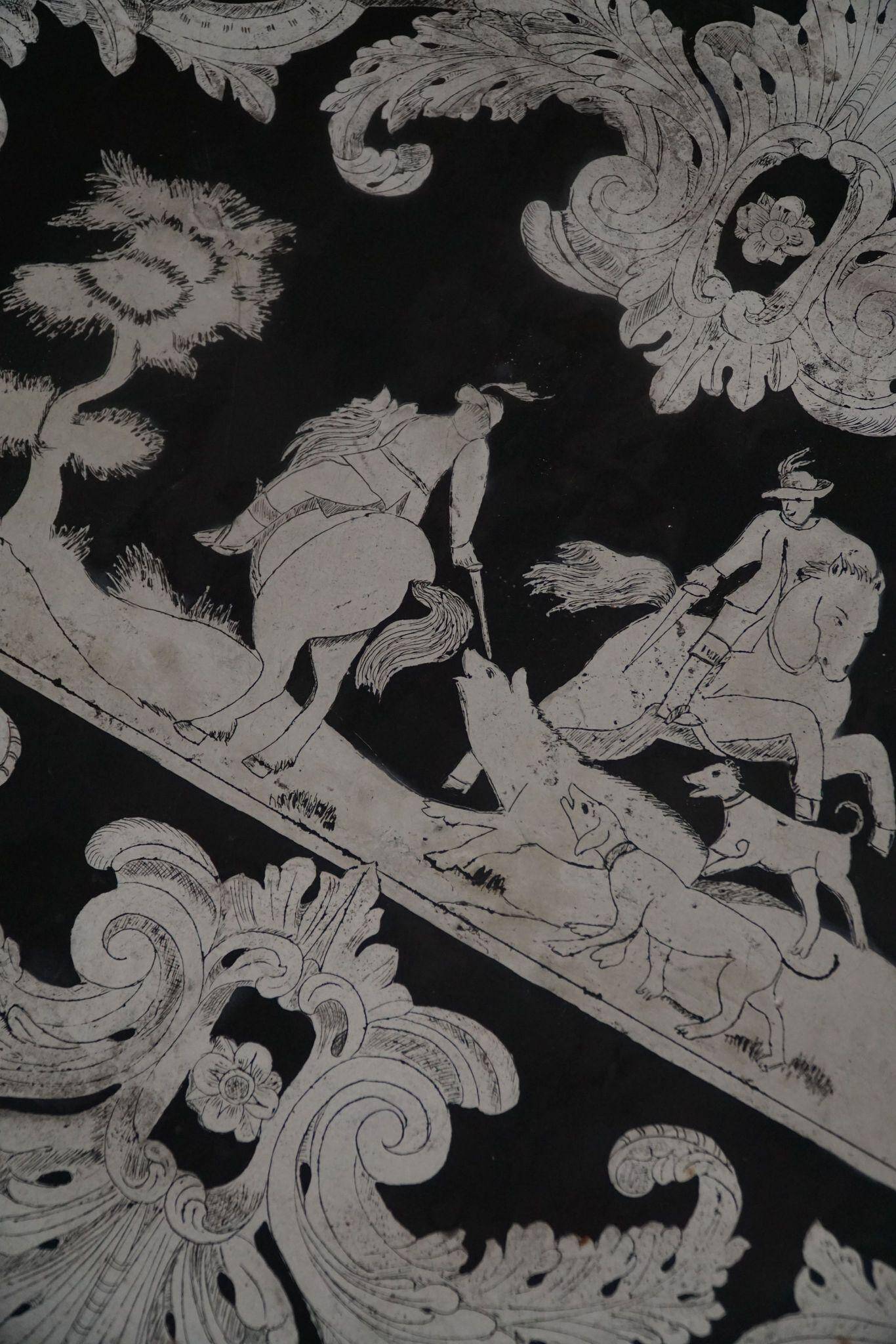 Antique Italian desk table, walnut and marble, Naples, 19th century.