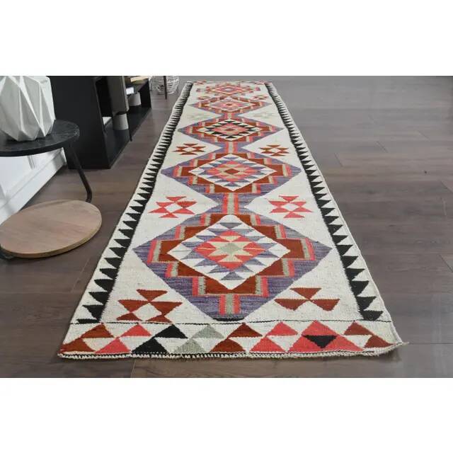 1970s Turkish Oushak Handmade Wool Cotton Beige Runner Rug 89x344