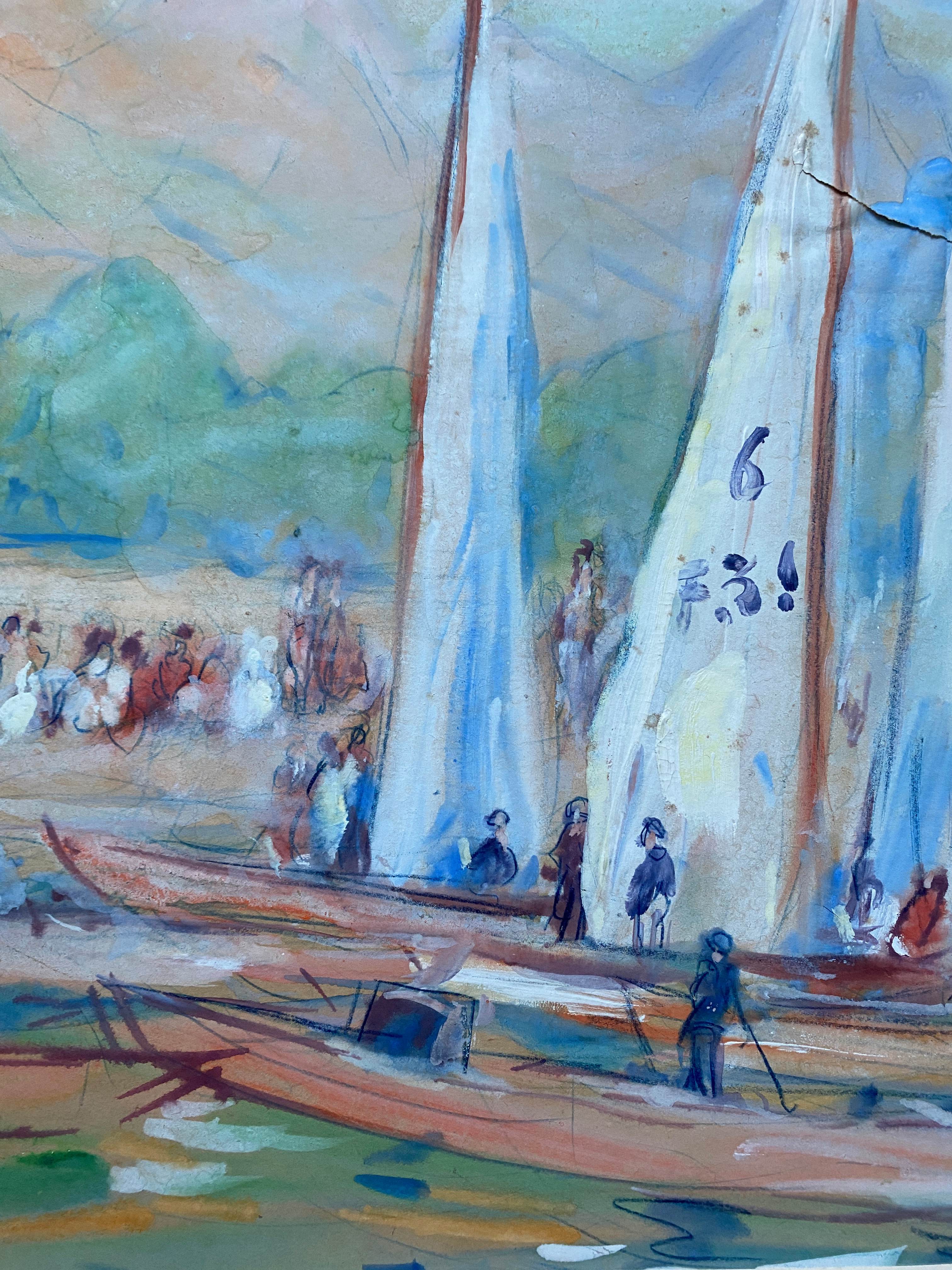 Large painting Gouache by Paul PAQUEREAU (1871-1950) "The Regattas"