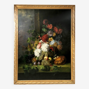 Peter Brooks. Huge still life with flowers and fruits. Oil on canvas 20th century. 2.2m x 1.7m