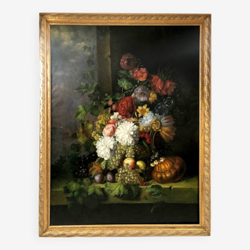 Peter Brooks. Immense nature morte aux fleurs et aux fruits. Huile sur toile XXe. 2,2 m x 1,7 m