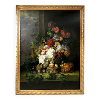 Peter Brooks. Immense nature morte aux fleurs et aux fruits. Huile sur toile XXe. 2,2 m x 1,7 m