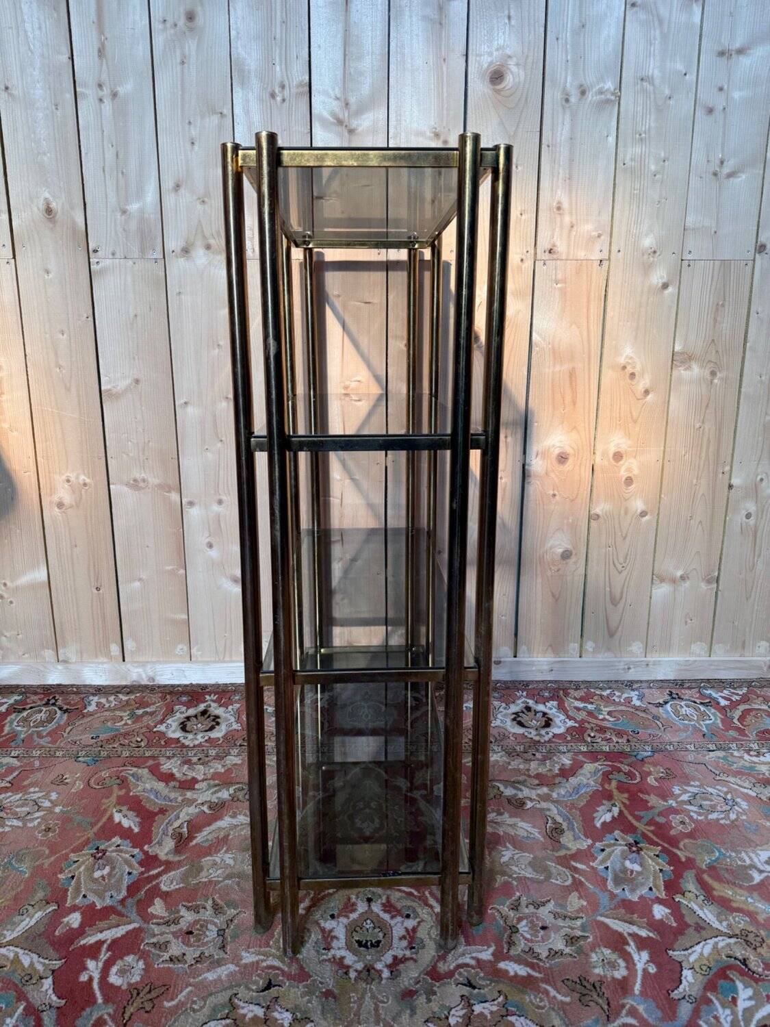 Étagère Design Années 1970 – Armature Tubulaire Laiton et Verre Fumé