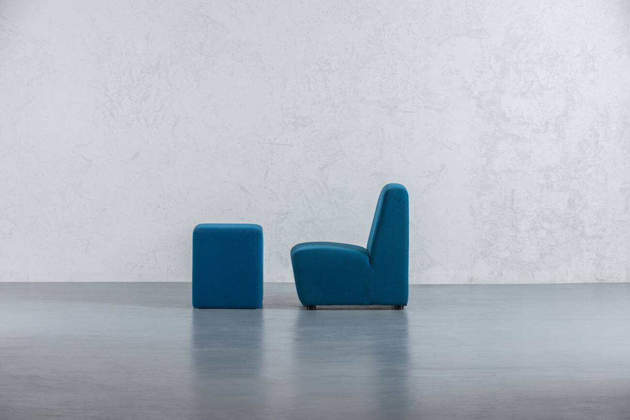 Vintage blue fabric armchair with ottoman, Italy, 1970s