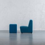 Vintage blue fabric armchair with ottoman, Italy, 1970s