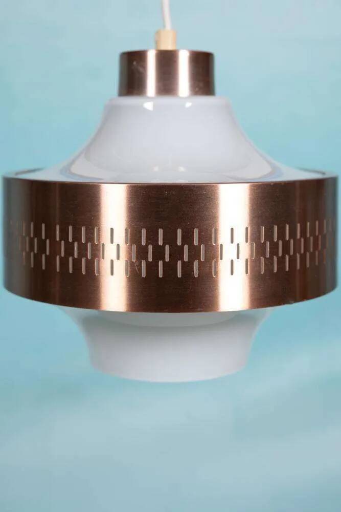 Vintage Swedish pendant lamp in copper opaline, minimalist suspension.