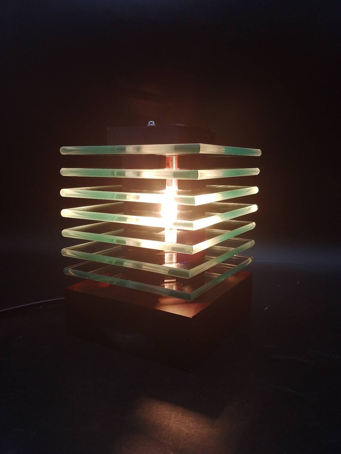 Desny Demeter glass and wood lamp, modernist art deco reissue