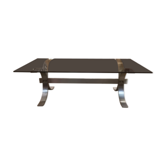 Table basse en acier brossé et verre fumé
