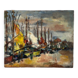 Sailboats in the harbour, oil on wood panel