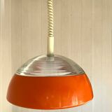 Space-age pendant light in holophane glass and lacquered metal from the 70s.