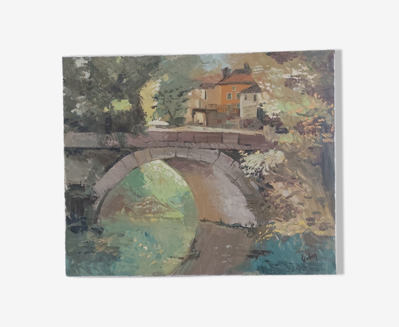 Peinture à l'huile sur toile représentant une scène de village provençal