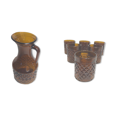 Service ancien jus carafe et ses 6 verres moulé orange géométrique vintage