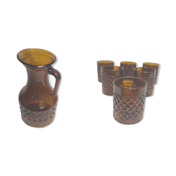 Service ancien jus carafe et ses 6 verres moulé orange géométrique vintage