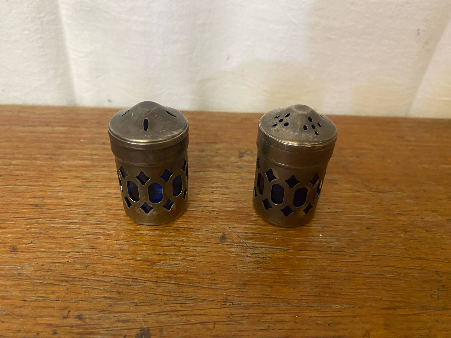 Pair of Antique Silver Metal Salt Cellars + Cobalt Blue Glass Salt and Pepper Shakers