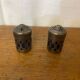 Pair of Antique Silver Metal Salt Cellars + Cobalt Blue Glass Salt and Pepper Shakers