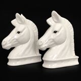 Pair of vintage white ceramic weighted horse bookends. 80 years