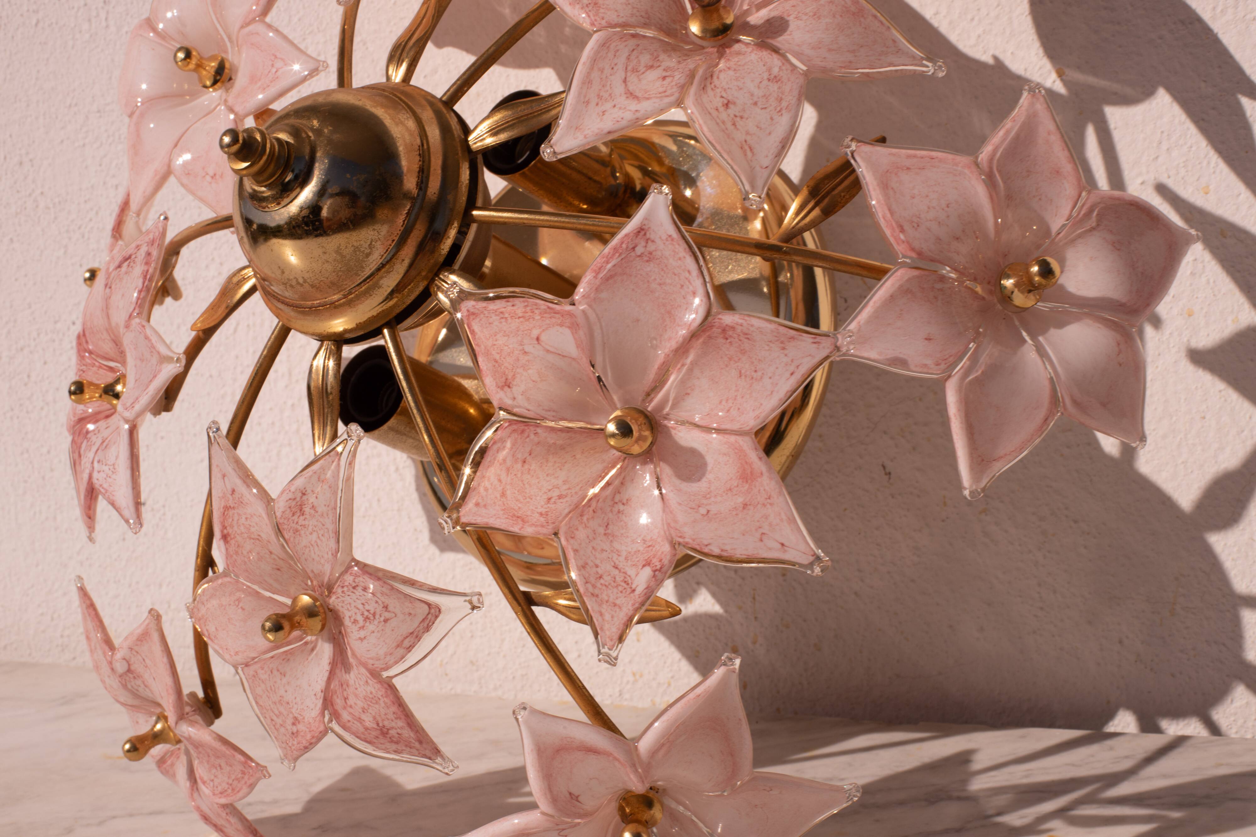 Charming Murano Vintage Ceiling Light Pink Flowers, 1970s