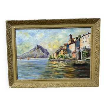 Original Swedish Oil on Canvas – “City and the Lake” by Eric Johan – Vintage & Framed