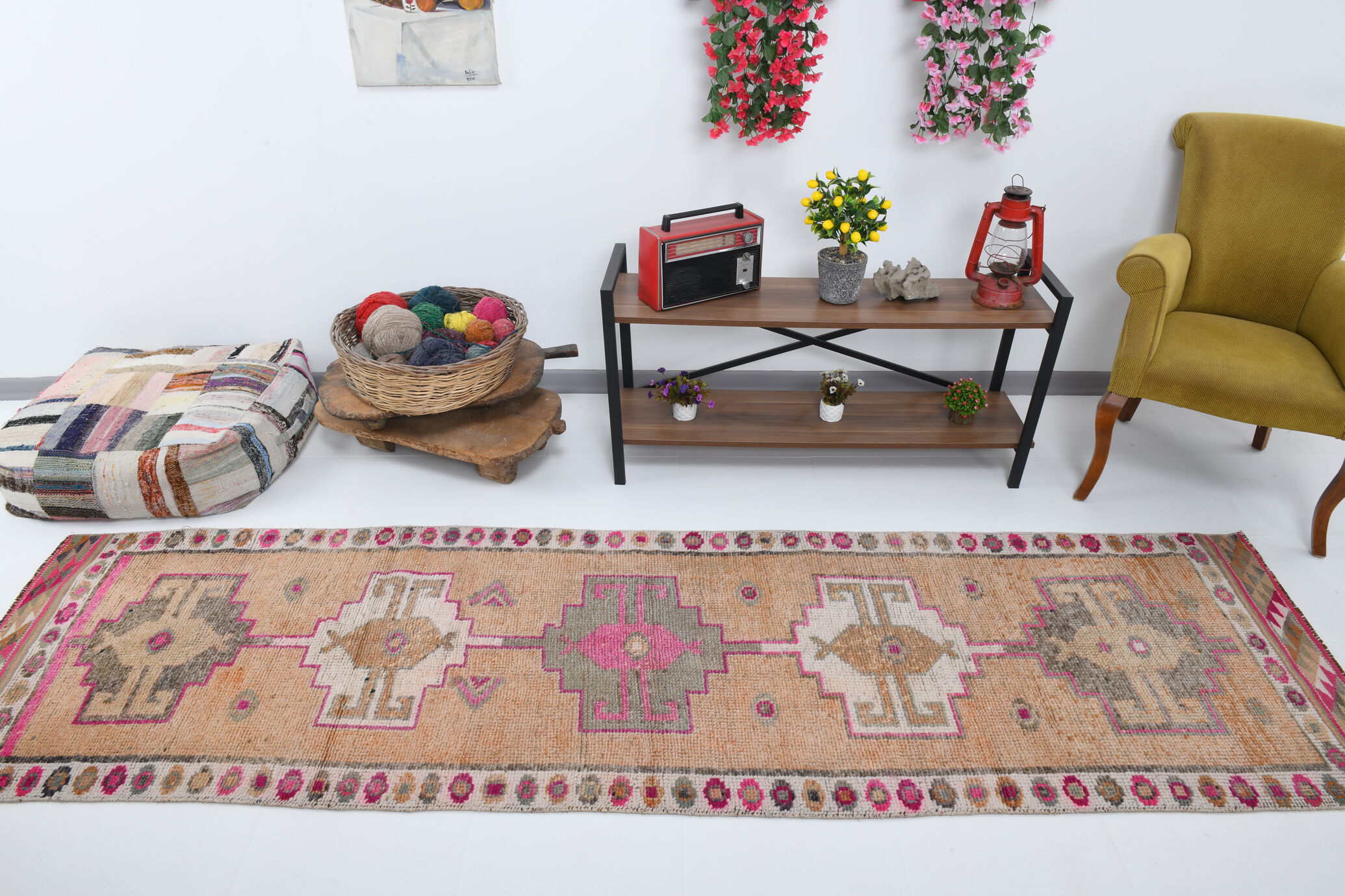 Neutral color handmade runner rug 317x87cm