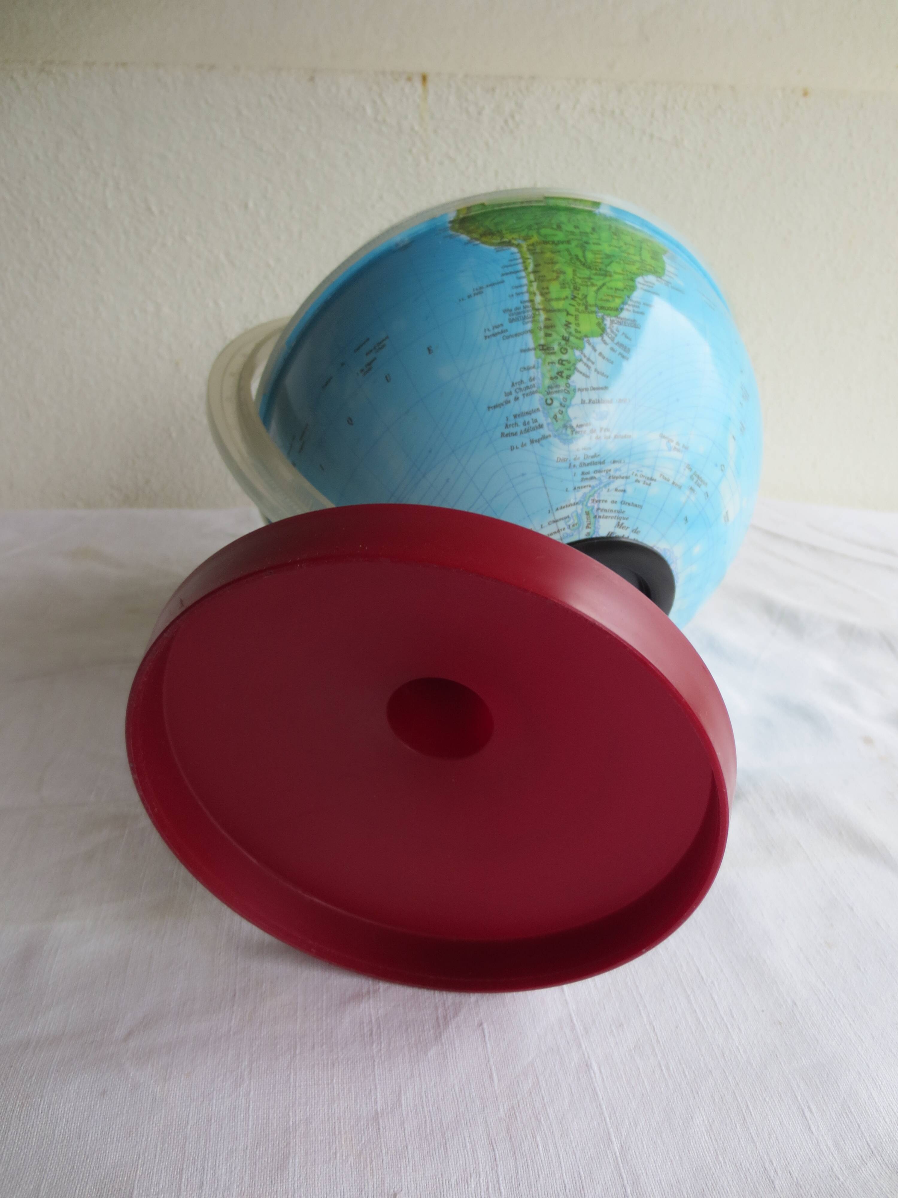 vintage world map, burgundy plastic base