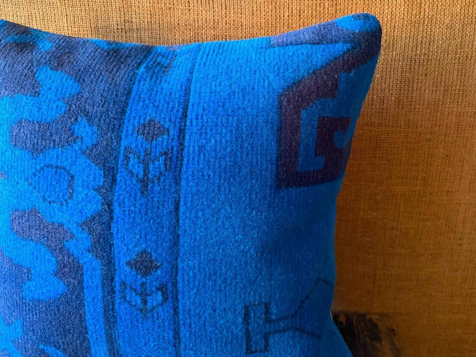 Electric Blue Vintage Turkish Rug Pillow, Hand-Stitched Wool Cushion
