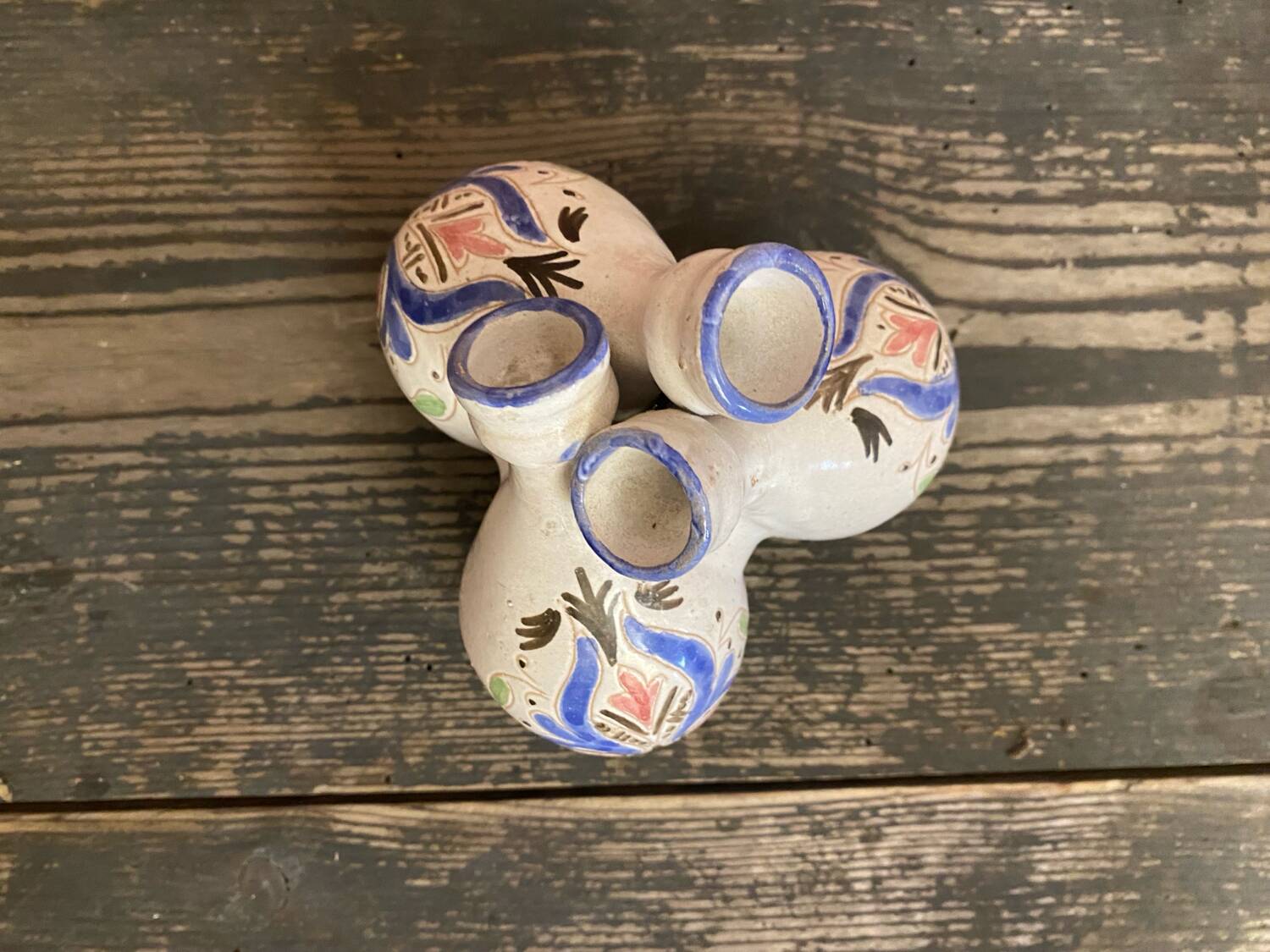 Antique vase with 3 soliflores, chiseled & painted ceramic, vintage