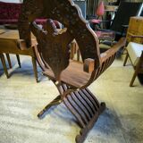 Pair of curule armchairs in solid teak circa 1980