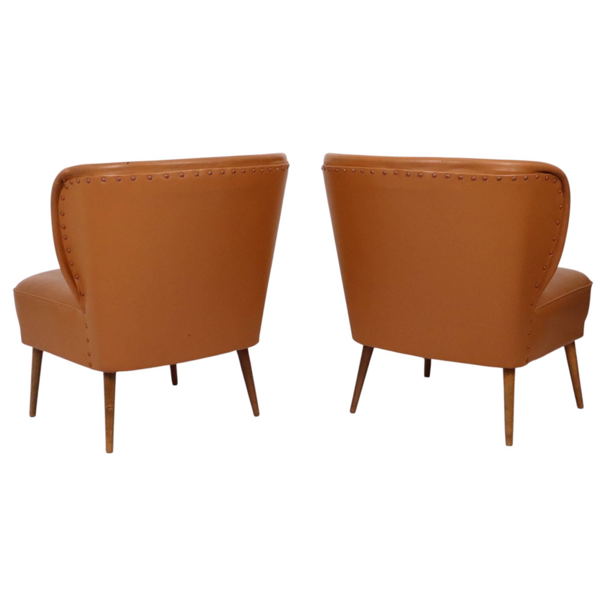 Pair of Vintage Expo 58 Cocktail Chairs, Cognac Faux Leather, Sixties