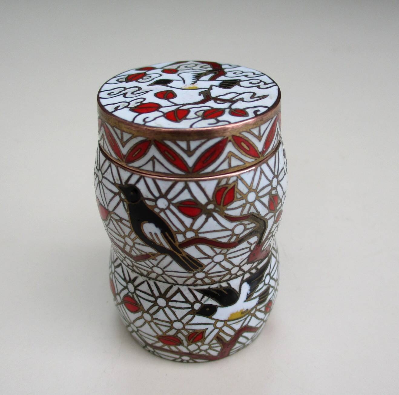 Tall cloisonné enamel box decorated with birds