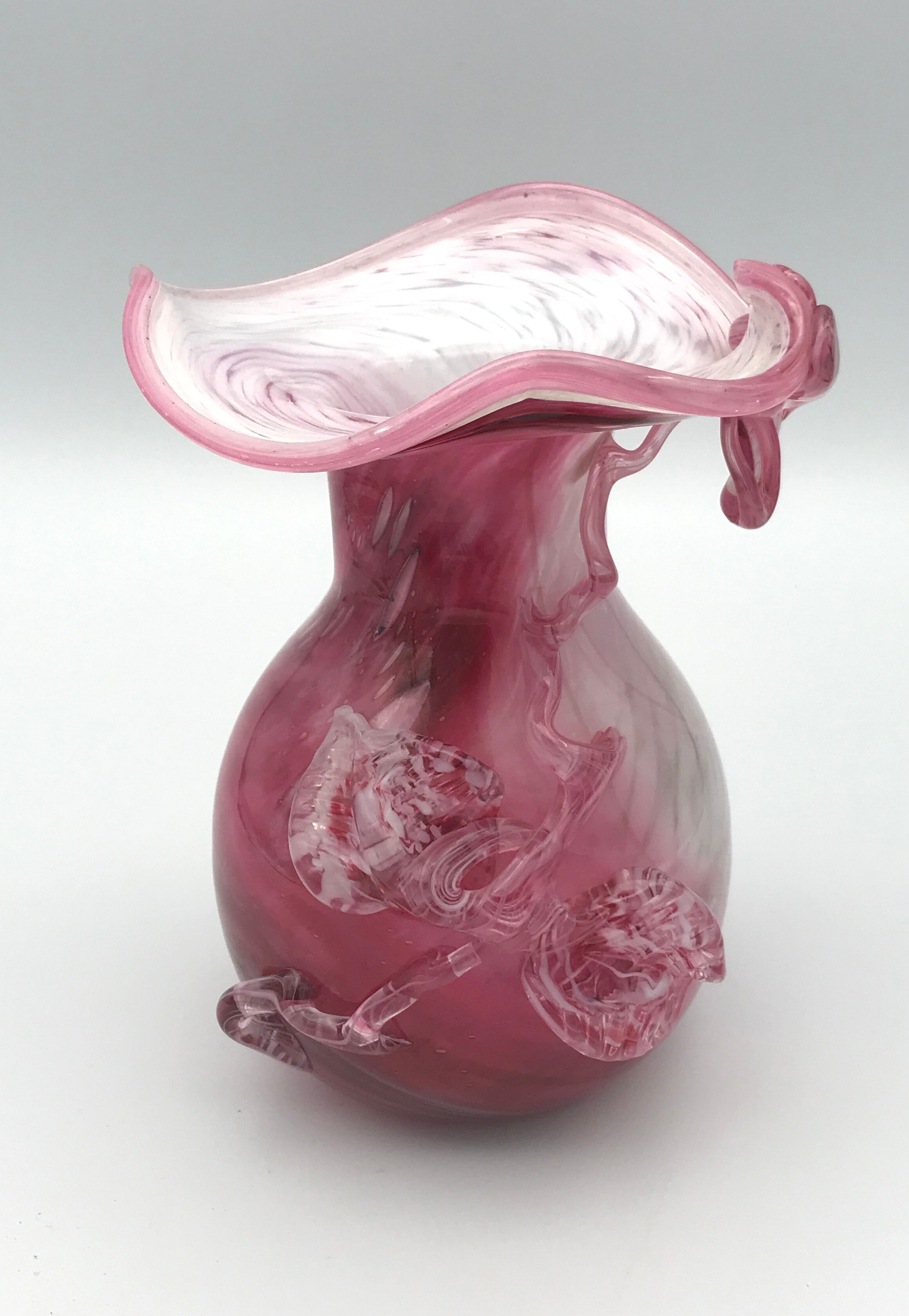 Hand-blown glass vase pink shade with sculptural leaf decor