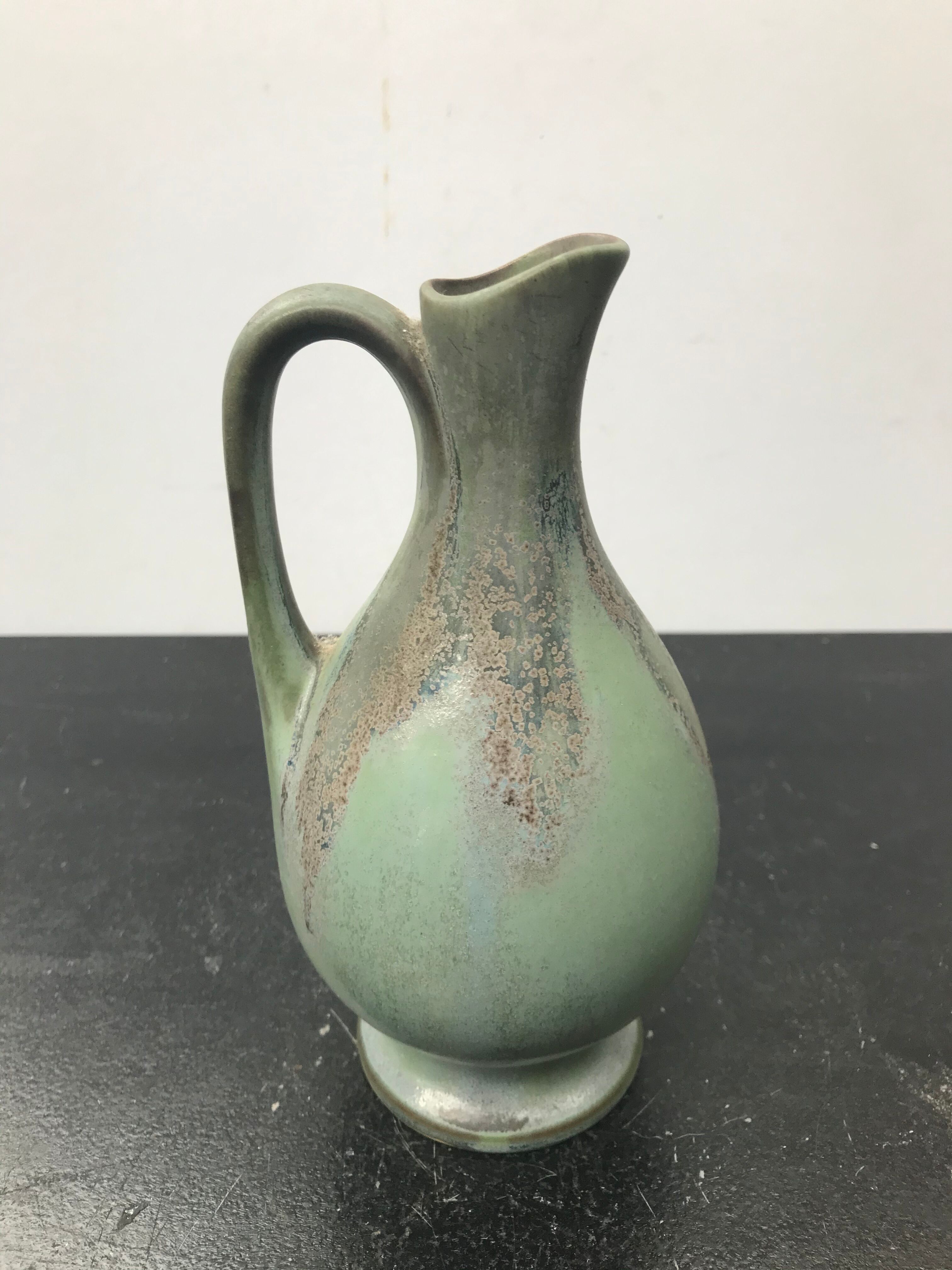 Former Green Ceramic Pitcher Signed 70s Vintage