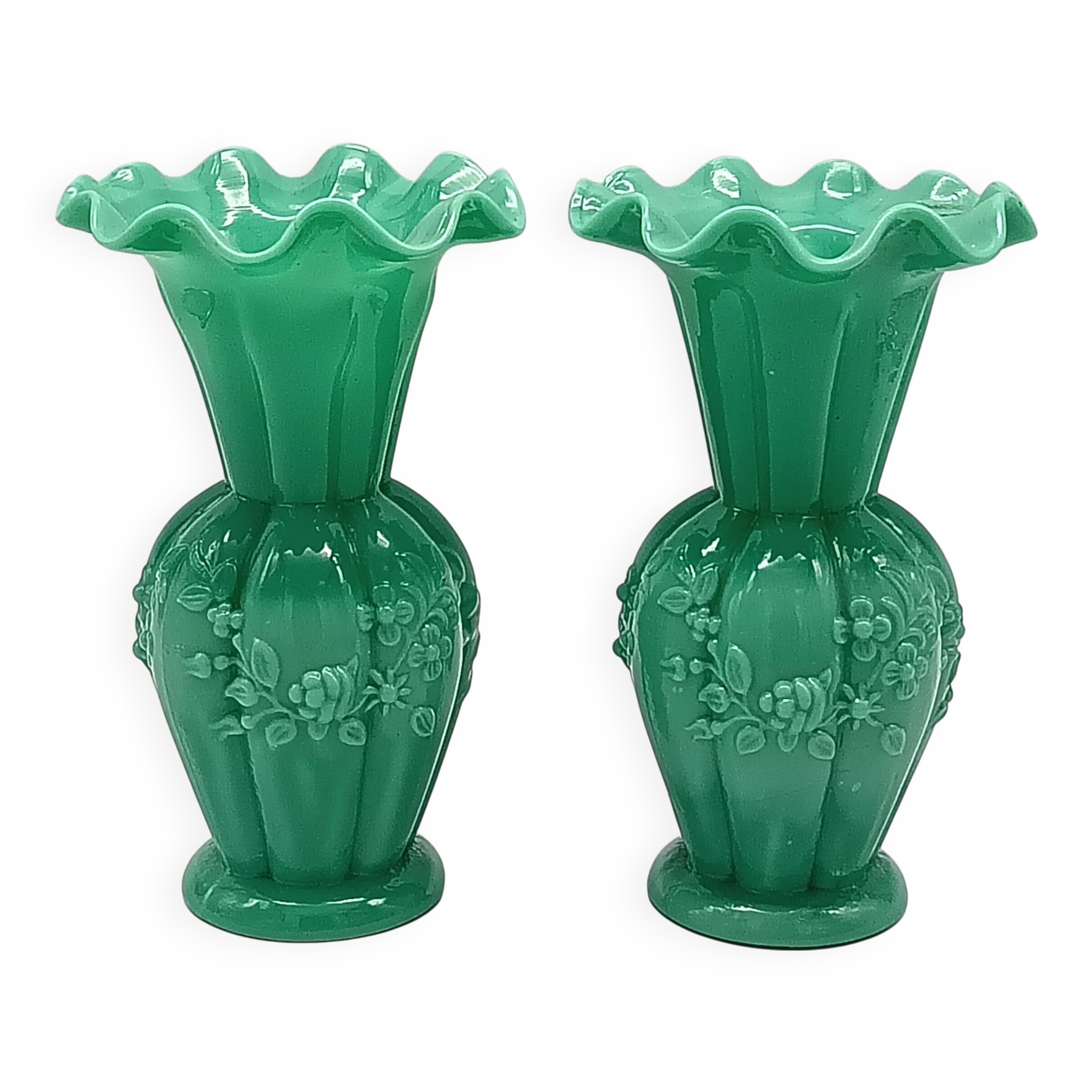 Pair of antique green opaline fairground vases, vintage, french