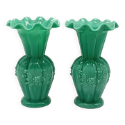 Pair of antique green opaline fairground vases, vintage, french