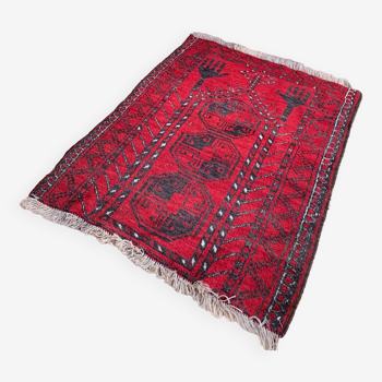Tapis de village afghan vintage 97x80 cm, rouge, noir, carré tribal petit