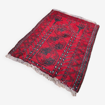 Vintage Afghan Village Rug 97x80 cm, Red, Black, Square Tribal Small