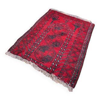 Tapis de village afghan vintage 97x80 cm, rouge, noir, carré tribal petit