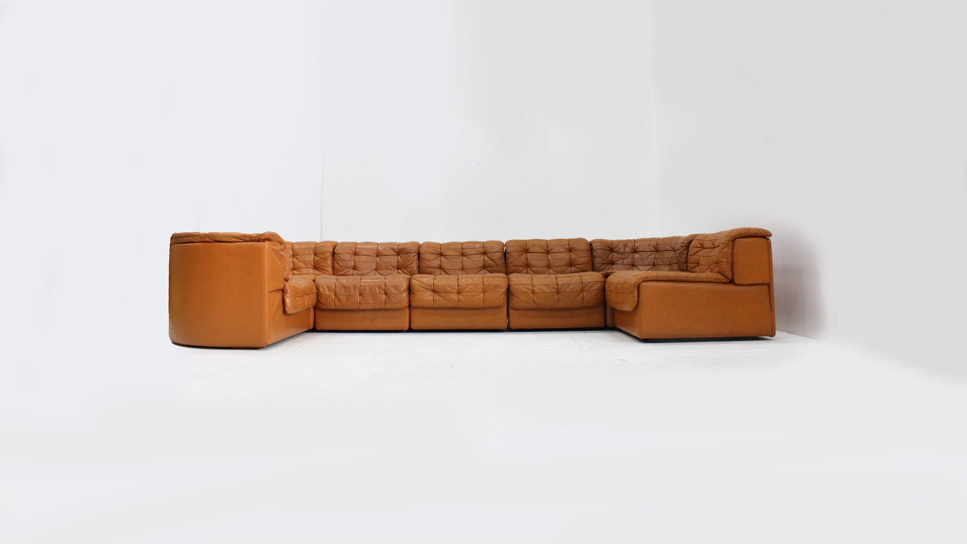 Canapé modulaire Vintage De Sede DS 11 en cuir patchwork cognac, ensemble de 7 pièces