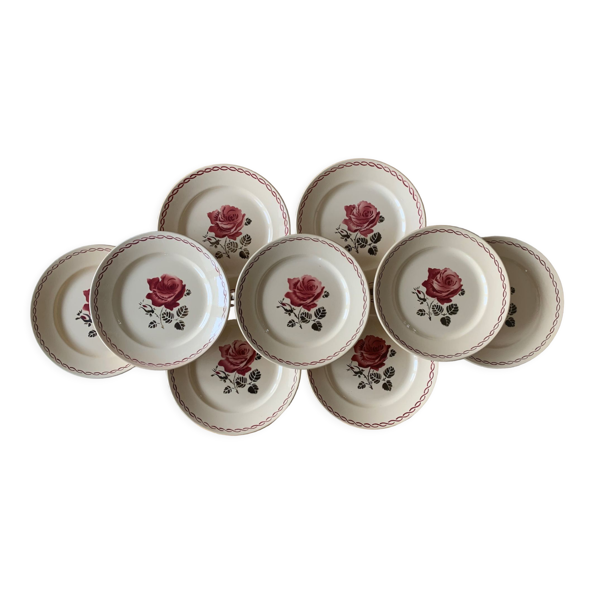 9 flat antique earthenware plates from badonviller