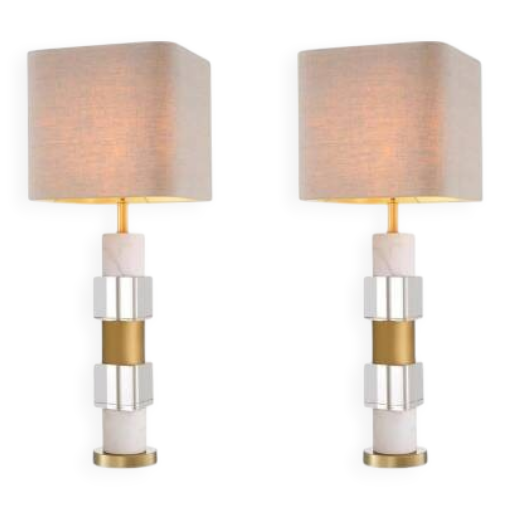 Pair of table lamps in patinated brass, white marble and crystal.
