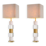 Pair of table lamps in patinated brass, white marble and crystal.
