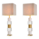 Paire de lampes de table en laiton patiné, marbre blanc et cristal.