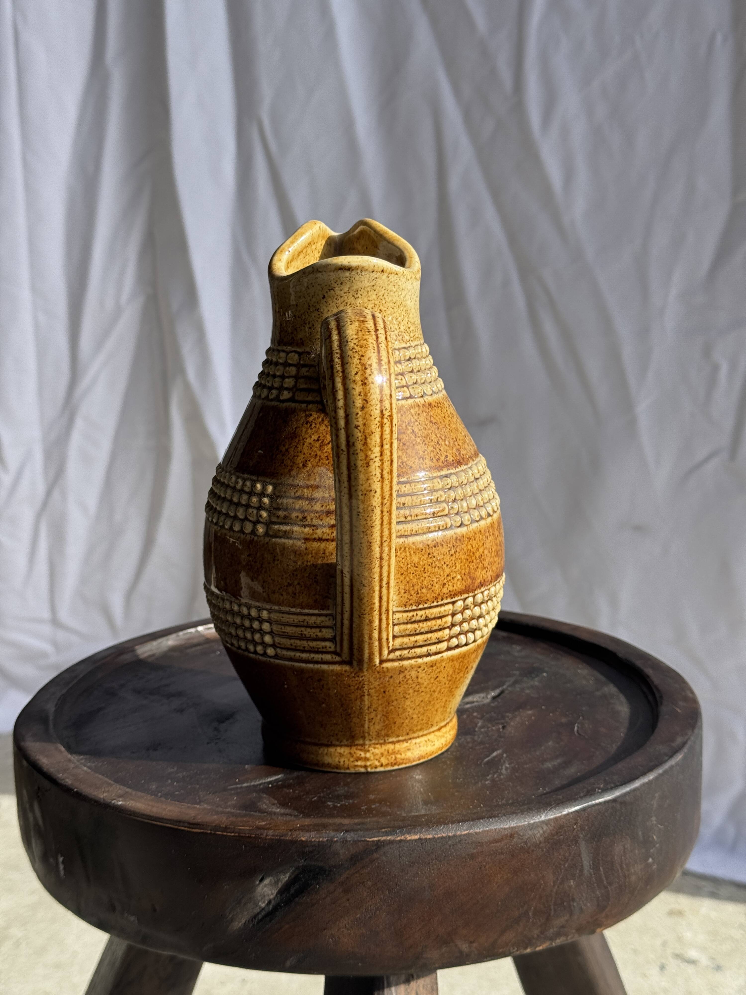 Vintage yellow stoneware carafe with beaded friezes Made in France H22