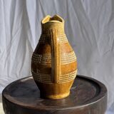 Vintage yellow stoneware carafe with beaded friezes Made in France H22