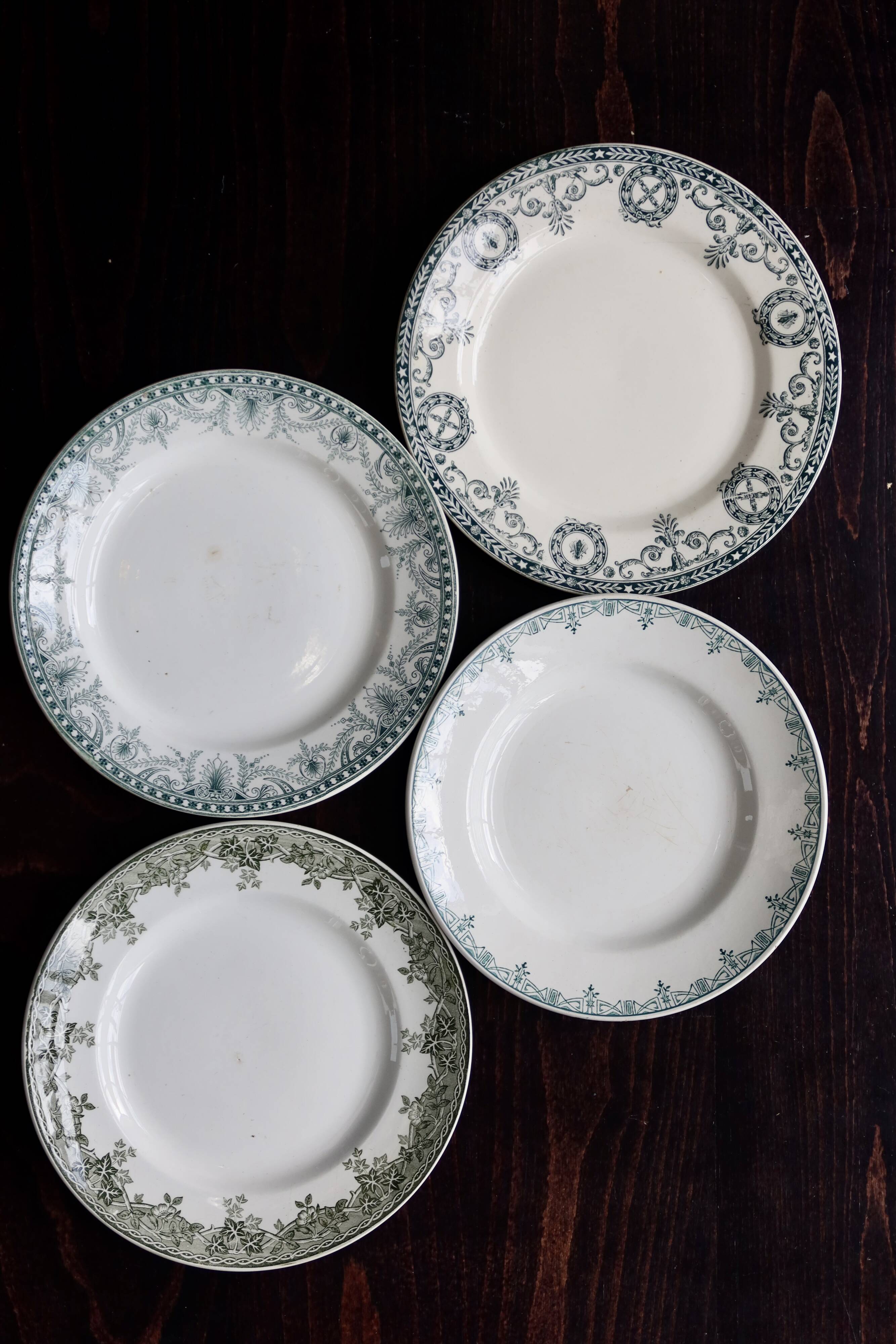 Mismatched vintage ironstone dinner plates - Green decor