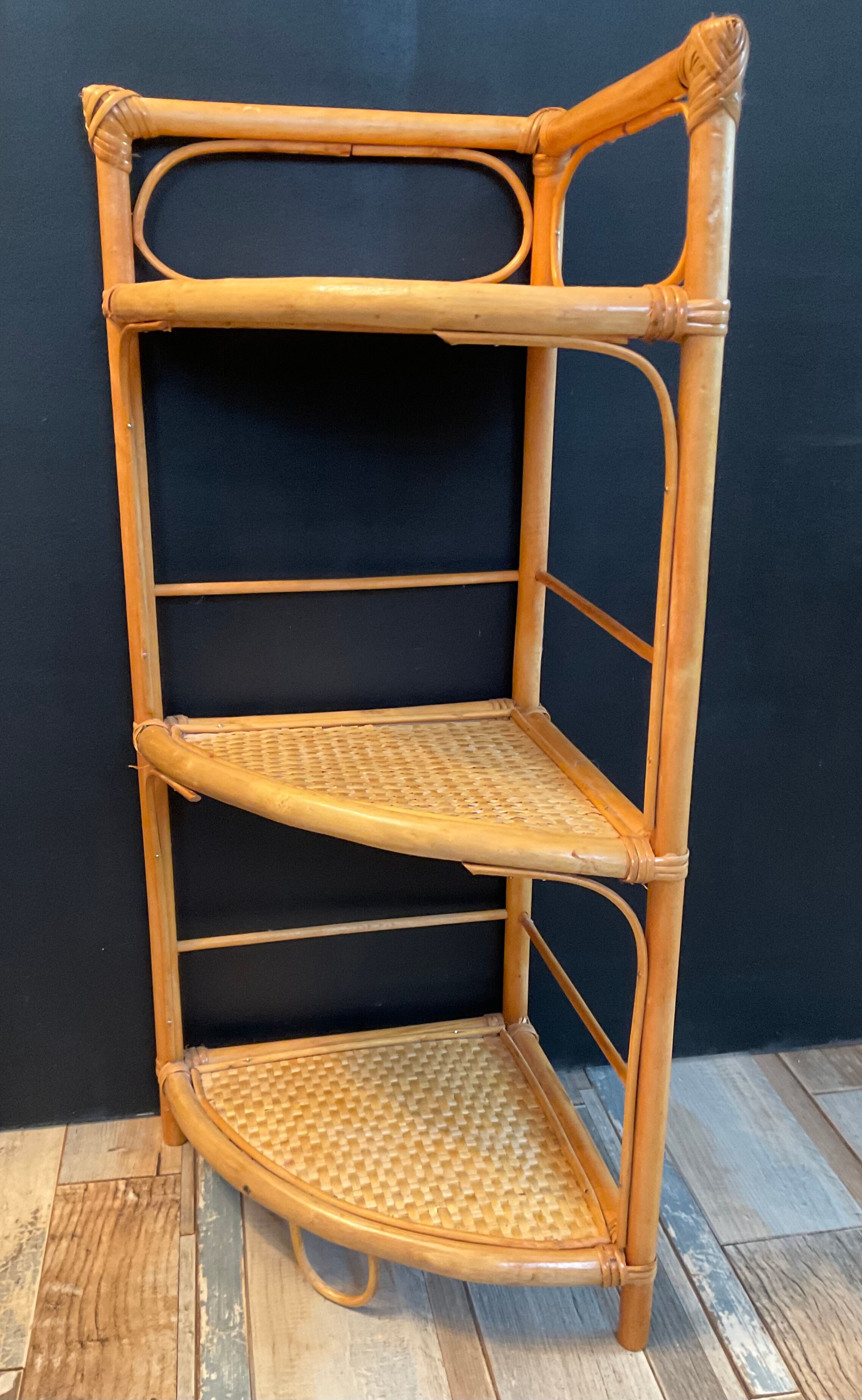 Vintage rattan and wicker corner shelf 70s