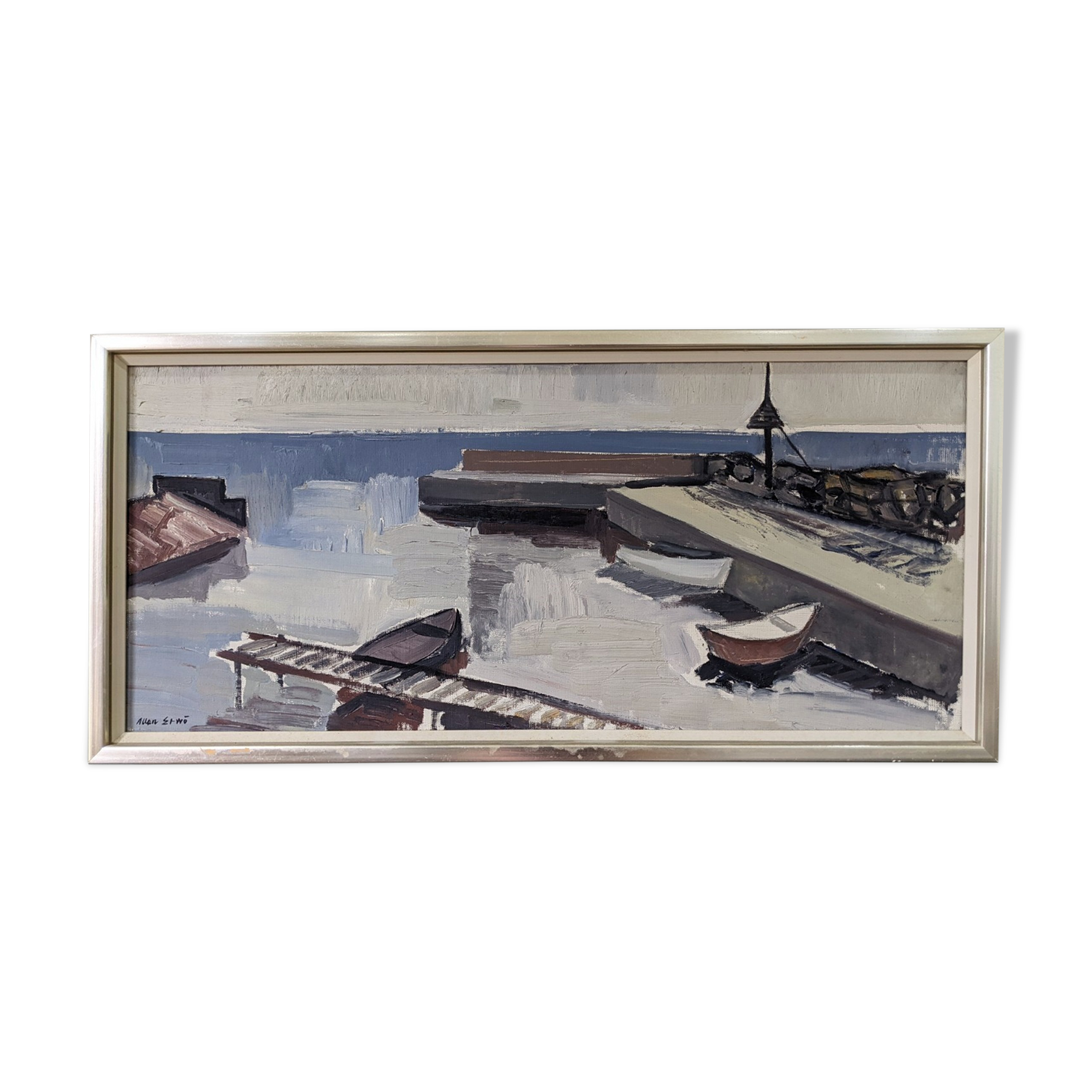 Mid-Century Modern Swedish "Boats at the Jetty" Vintage Coastal Landscape Oil Painting, Framed