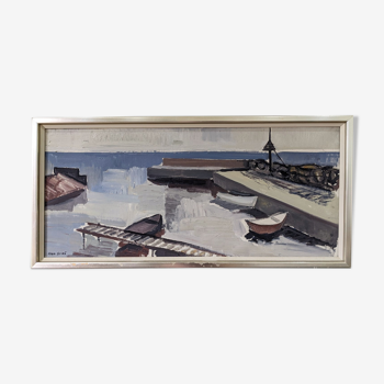 Mid-Century Modern Swedish "Boats at the Jetty" Vintage Coastal Landscape Oil Painting, Framed