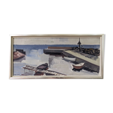 Mid-Century Modern Swedish "Boats at the Jetty" Vintage Coastal Landscape Oil Painting, Framed