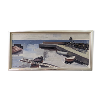 Mid-Century Modern Swedish "Boats at the Jetty" Vintage Coastal Landscape Oil Painting, Framed